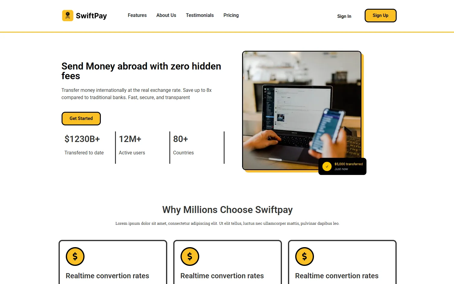 SwiftPay landing page with hero stats, money transfer illustration, and feature cards
